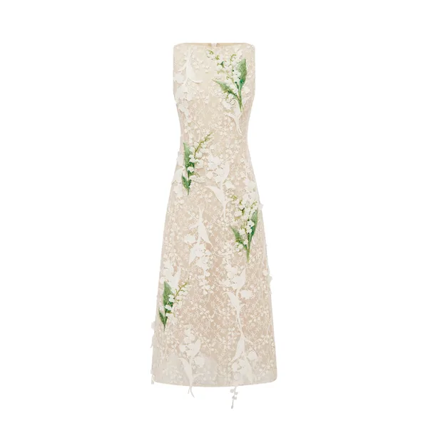 Cleo Embellished Lace Sleeveless Midi Dress in Snow Meadow