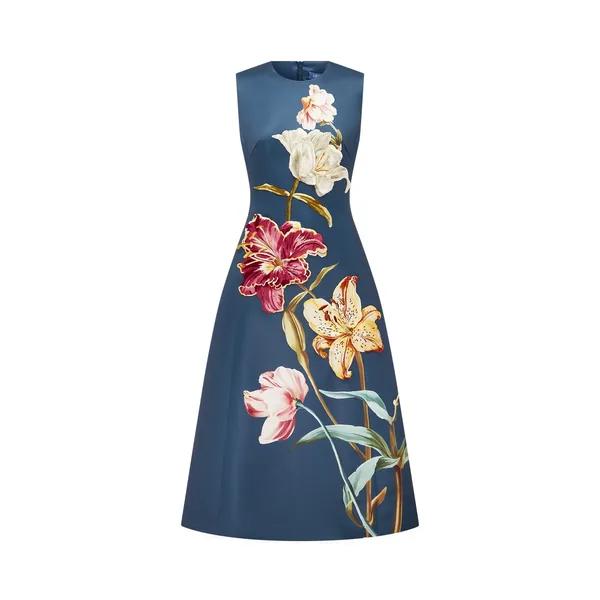 Cleo Embroidered Sleeveless Midi Dress in Lily Print in Indigo