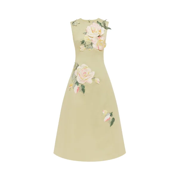 Cleo Embroidered Sleeveless Midi Dress in Pistachio Rose Print