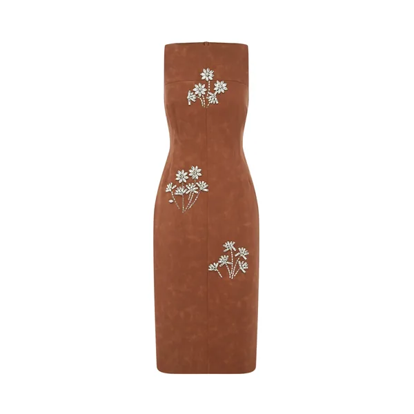 Eleanor Embellished Vegan Suede Midi Dress in Chestnut