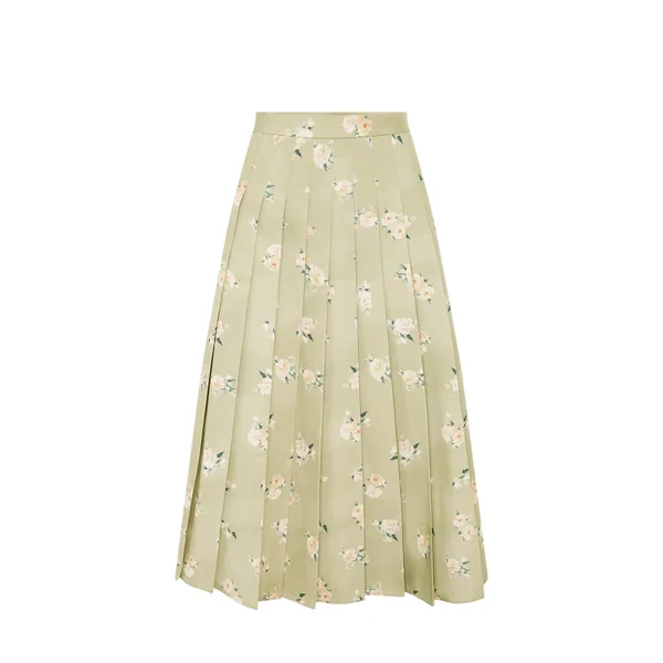 June Pleated Maxi Skirt in Pistachio Rose Print