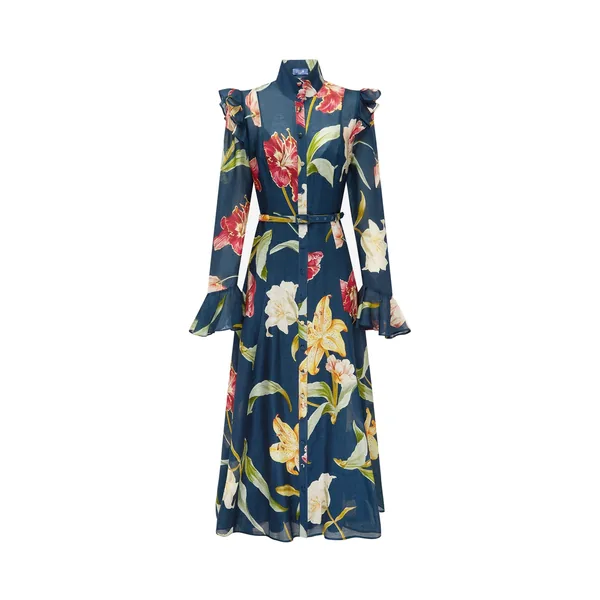 Katrina Butterfly Sleeve Midi Dress in Lily Print in Indigo