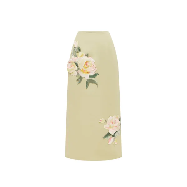 Quinn Embroidered Midi Skirt in Pistachio Rose Print