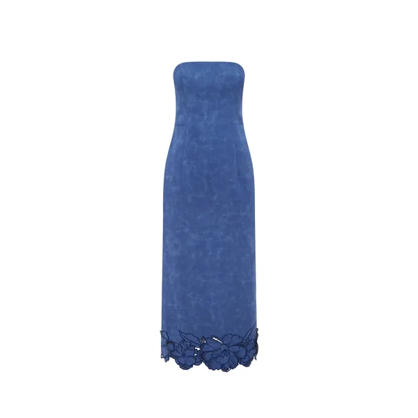 Rayna Appliqué Vegan Suede Bustier Maxi Dress in Azure