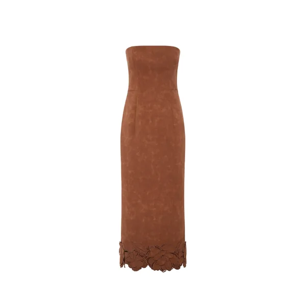 Rayna Appliqué Vegan Suede Bustier Maxi Dress in Chestnut