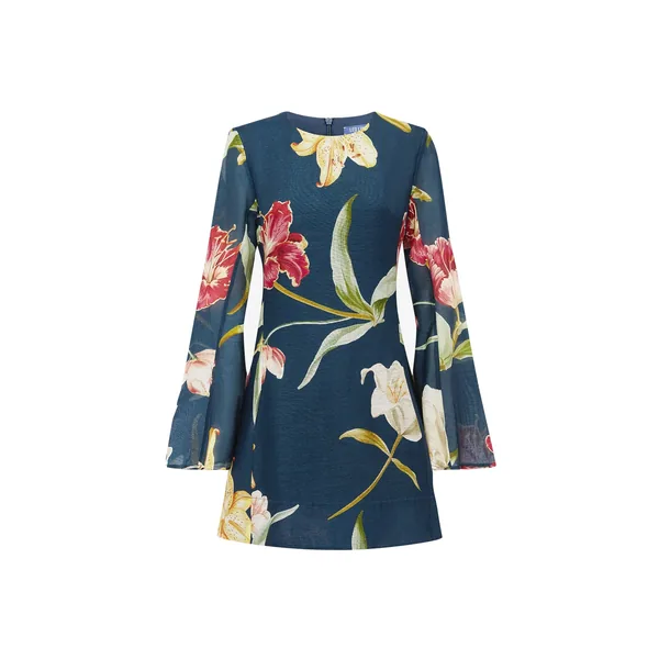 Suzanne Bell Sleeve Mini Dress in Lily Print in Indigo