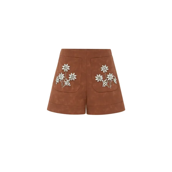 Tessa Embellished Vegan Suede Shorts in Chestnut