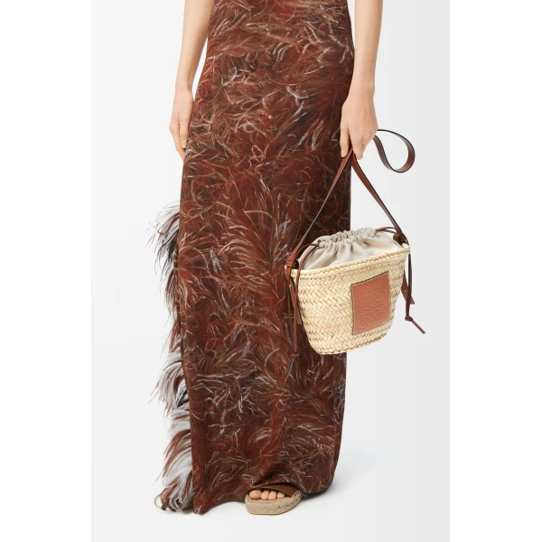 Loewe Drawstring bucket in palm leaf and calfskin, Natural/Tan | Totes & Top-Handle Bags | Coveti