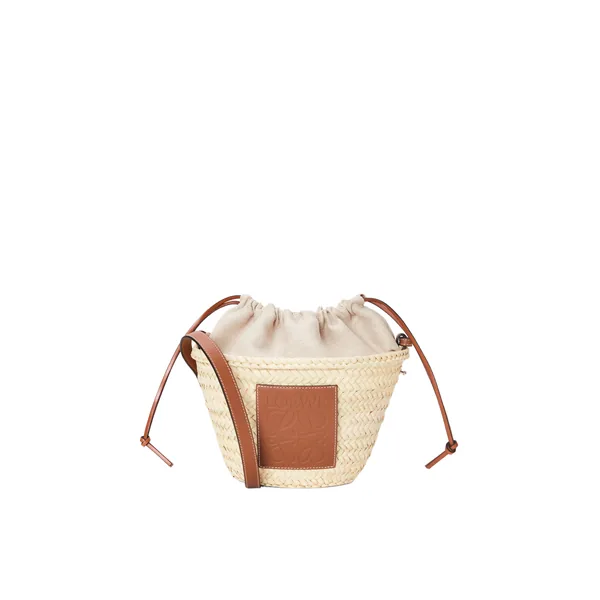 Drawstring bucket in palm leaf and calfskin, Natural/Tan