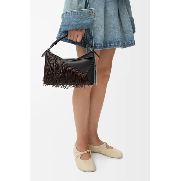 Loewe Fringe small Puzzle bag in classic calfskin, Black/Dark Chestnut | Shoulder & Crossbody Bags | Coveti