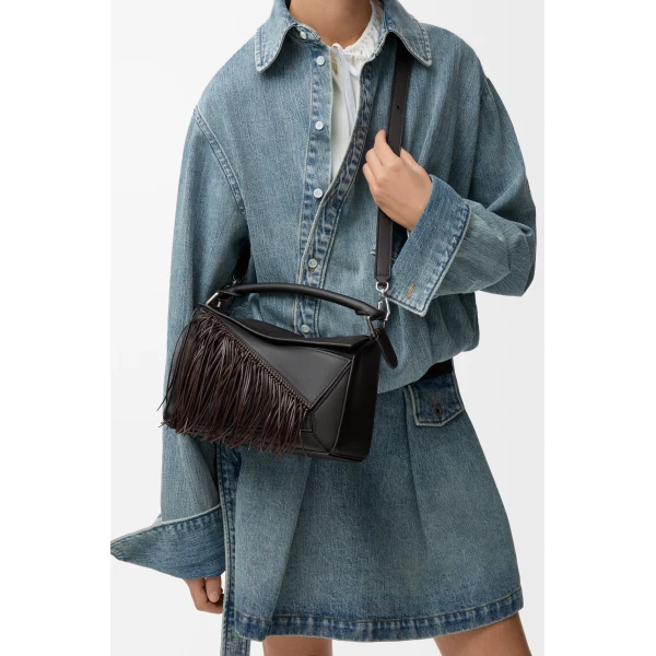 Loewe Fringe small Puzzle bag in classic calfskin, Black/Dark Chestnut | Shoulder & Crossbody Bags | Coveti