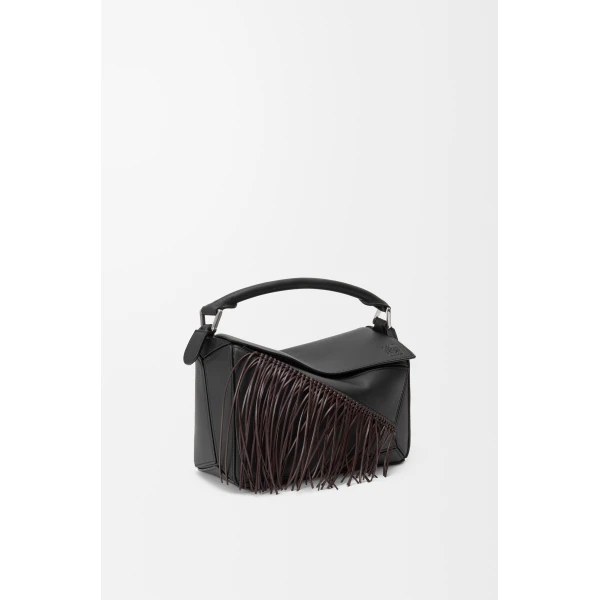 Loewe Fringe small Puzzle bag in classic calfskin, Black/Dark Chestnut | Shoulder & Crossbody Bags | Coveti