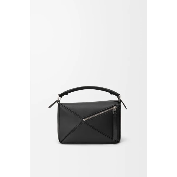Loewe Fringe small Puzzle bag in classic calfskin, Black/Dark Chestnut | Shoulder & Crossbody Bags | Coveti