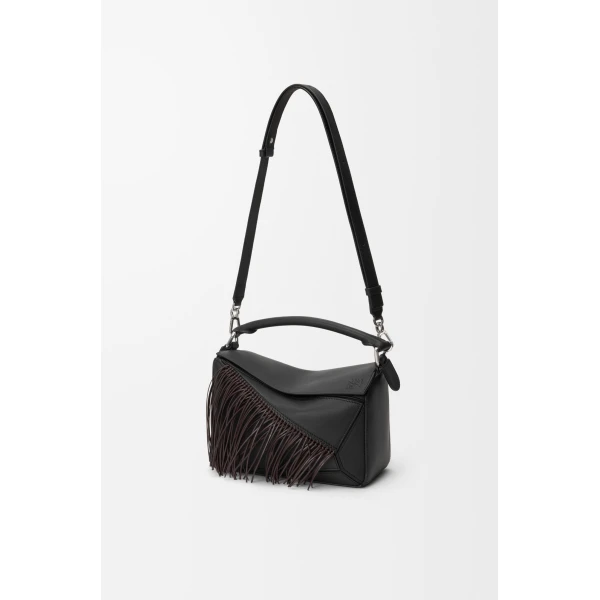 Loewe Fringe small Puzzle bag in classic calfskin, Black/Dark Chestnut | Shoulder & Crossbody Bags | Coveti