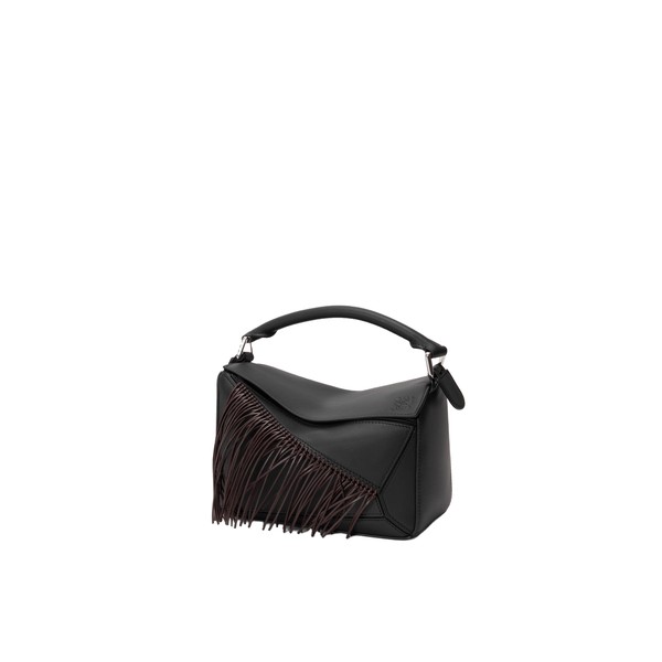 Loewe Fringe small Puzzle bag in classic calfskin, Black/Dark Chestnut | Shoulder & Crossbody Bags | Coveti
