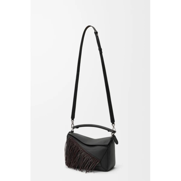 Loewe Fringe small Puzzle bag in classic calfskin, Black/Dark Chestnut | Shoulder & Crossbody Bags | Coveti