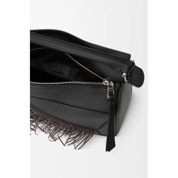 Loewe Fringe small Puzzle bag in classic calfskin, Black/Dark Chestnut | Shoulder & Crossbody Bags | Coveti