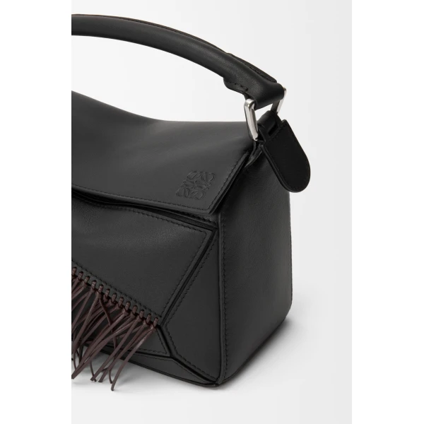 Loewe Fringe small Puzzle bag in classic calfskin, Black/Dark Chestnut | Shoulder & Crossbody Bags | Coveti