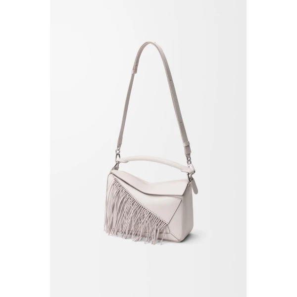 Loewe Fringe small Puzzle bag in classic calfskin, Soft White/Light Ghost | Shoulder & Crossbody Bags | Coveti