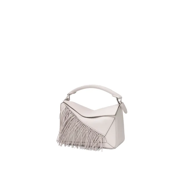 Loewe Fringe small Puzzle bag in classic calfskin, Soft White/Light Ghost | Shoulder & Crossbody Bags | Coveti