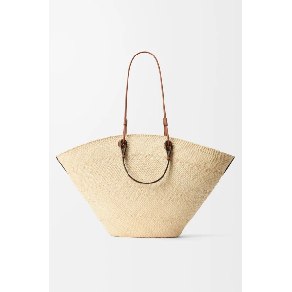 Loewe Large Anagram basket bag in iraca palm and calfskin, Natural/Tan | Totes & Top-Handle Bags | Coveti
