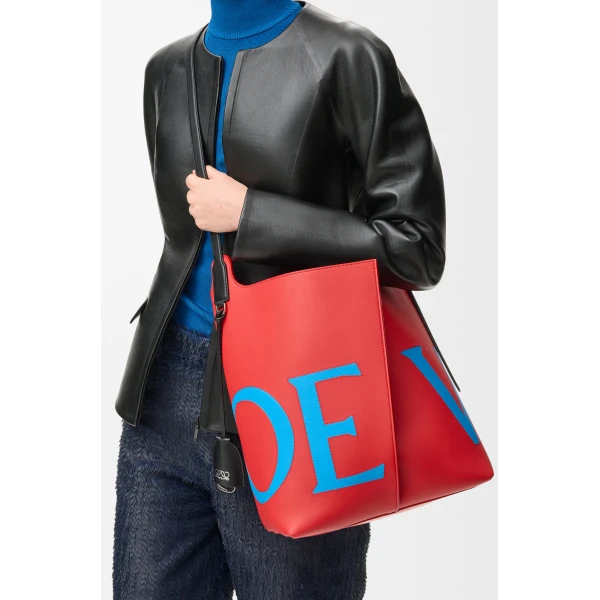 Loewe Large Bilbao bucket Oversized Logo in smooth calfskin, Red/Blue | Bucket Bags | Coveti