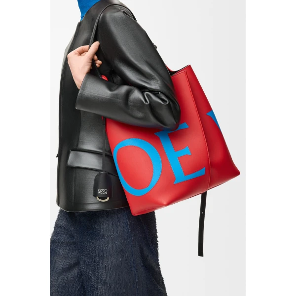 Loewe Large Bilbao bucket Oversized Logo in smooth calfskin, Red/Blue | Bucket Bags | Coveti