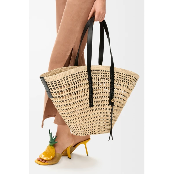 Loewe Large Braid basket in iraca palm and calfskin, Natural/Black | Totes & Top-Handle Bags | Coveti