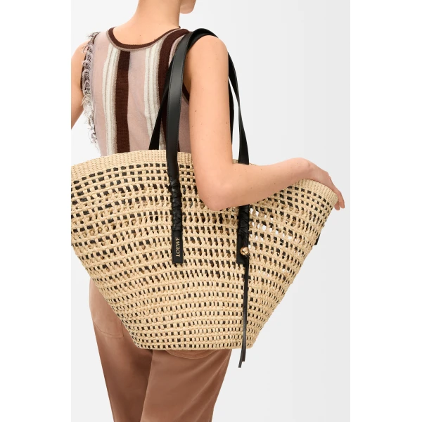 Loewe Large Braid basket in iraca palm and calfskin, Natural/Black | Totes & Top-Handle Bags | Coveti