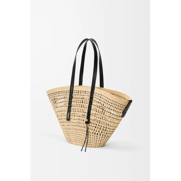 Loewe Large Braid basket in iraca palm and calfskin, Natural/Black | Totes & Top-Handle Bags | Coveti