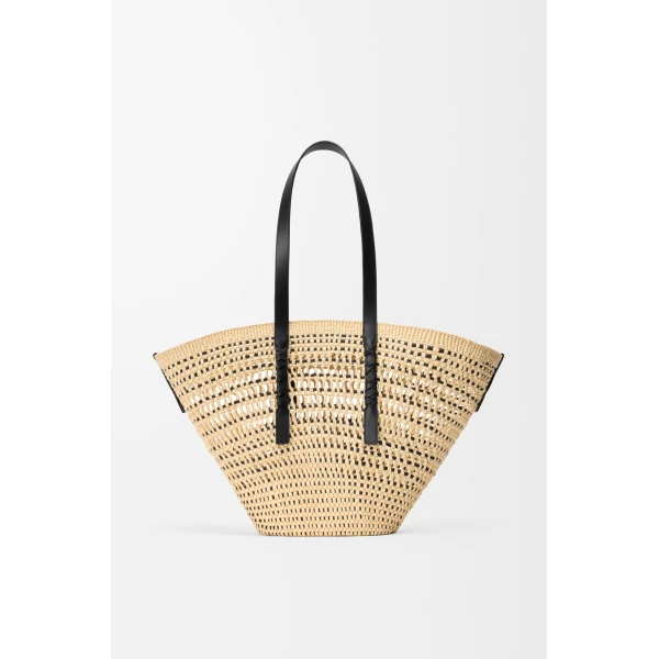 Loewe Large Braid basket in iraca palm and calfskin, Natural/Black | Totes & Top-Handle Bags | Coveti