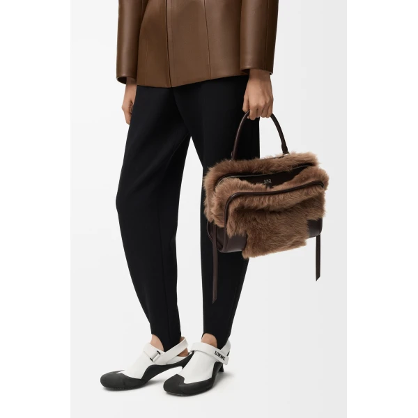 Loewe Medium Amazona 180 bag in soft calfskin and shearling, Brown/Dark Chestnut | Totes & Top-Handle Bags | Coveti