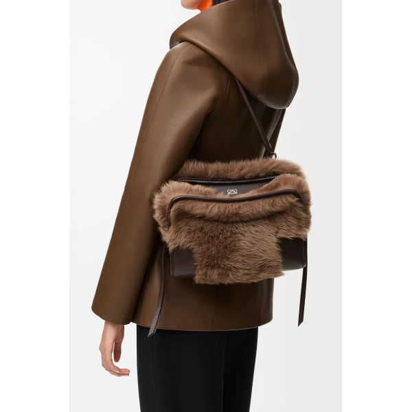 Loewe Medium Amazona 180 bag in soft calfskin and shearling, Brown/Dark Chestnut | Totes & Top-Handle Bags | Coveti