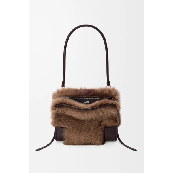Loewe Medium Amazona 180 bag in soft calfskin and shearling, Brown/Dark Chestnut | Totes & Top-Handle Bags | Coveti