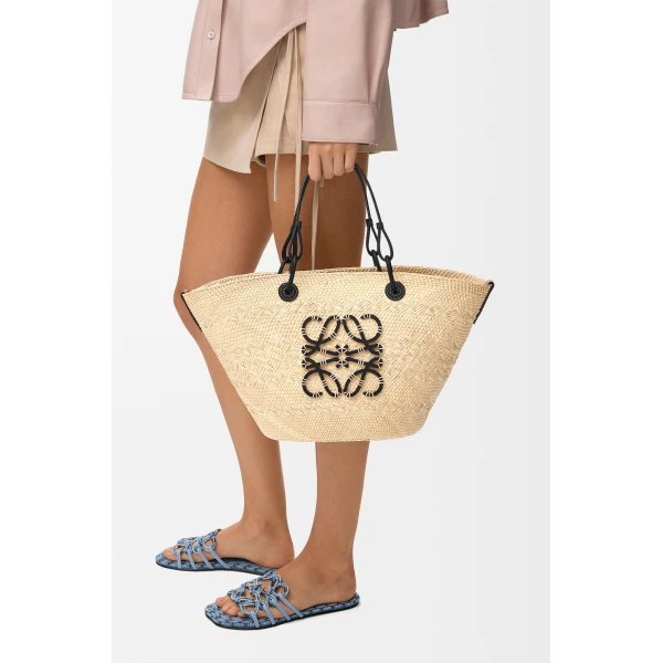 Loewe Medium Anagram Basket bag in iraca palm and calfskin, Natural/Black | Totes & Top-Handle Bags | Coveti