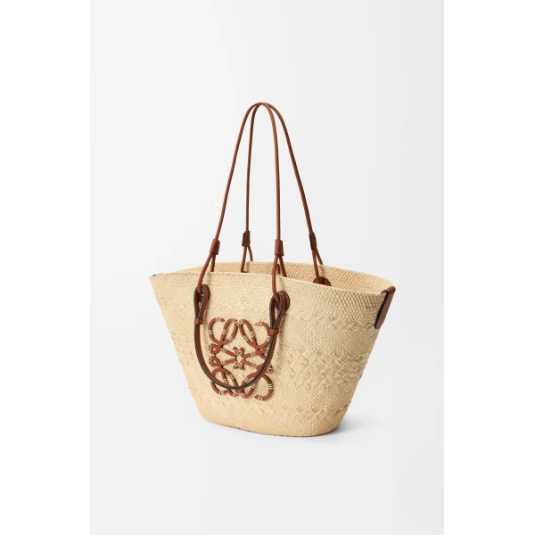 Loewe Medium Anagram Basket bag in iraca palm and calfskin, Natural/Tan | Totes & Top-Handle Bags | Coveti