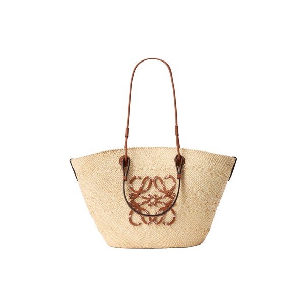 Loewe Medium Anagram Basket bag in iraca palm and calfskin, Natural/Tan | Totes & Top-Handle Bags | Coveti