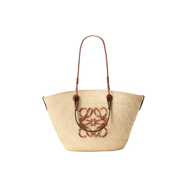 Loewe Medium Anagram Basket bag in iraca palm and calfskin, Natural/Tan | Totes & Top-Handle Bags | Coveti