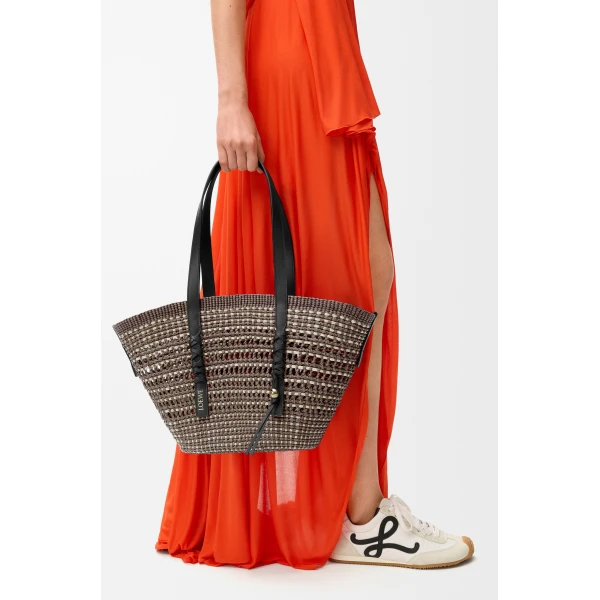 Loewe Medium Braid basket in iraca palm and calfskin, Khaki/Natural | Totes & Top-Handle Bags | Coveti