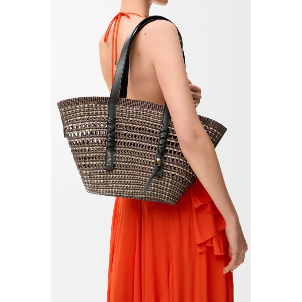 Loewe Medium Braid basket in iraca palm and calfskin, Khaki/Natural | Totes & Top-Handle Bags | Coveti