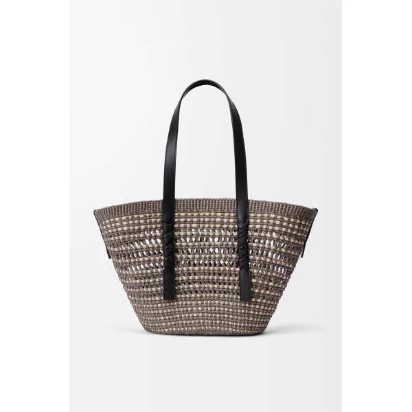 Loewe Medium Braid basket in iraca palm and calfskin, Khaki/Natural | Totes & Top-Handle Bags | Coveti