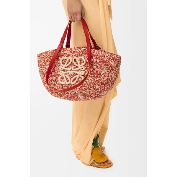 Loewe Medium Eclipse basket in raffia and calfskin, Red | Totes & Top-Handle Bags | Coveti