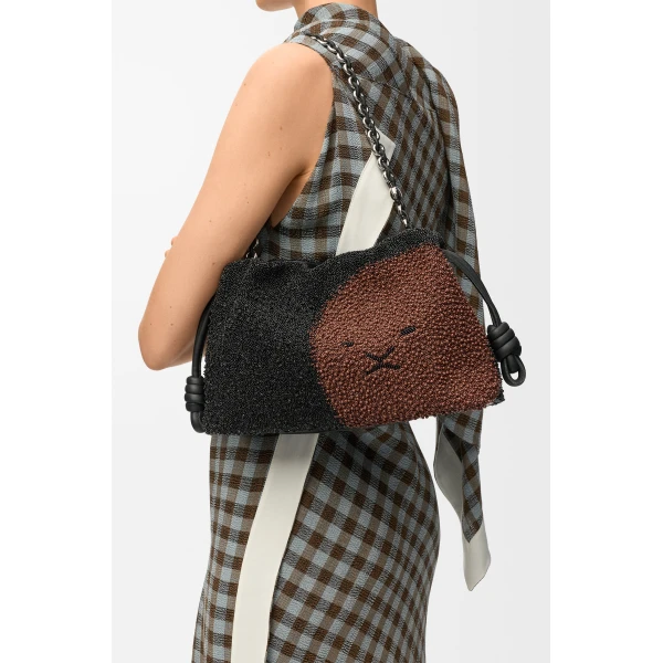 Loewe Medium Lion Beads Flamenco purse in beaded canvas and calfskin, Black/Pecan | Shoulder & Crossbody Bags | Coveti