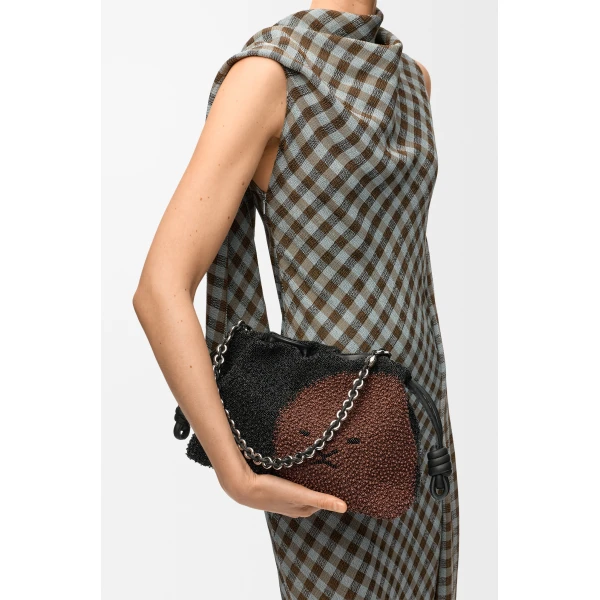 Loewe Medium Lion Beads Flamenco purse in beaded canvas and calfskin, Black/Pecan | Shoulder & Crossbody Bags | Coveti