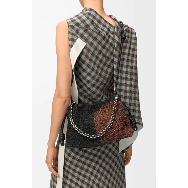 Loewe Medium Lion Beads Flamenco purse in beaded canvas and calfskin, Black/Pecan | Shoulder & Crossbody Bags | Coveti