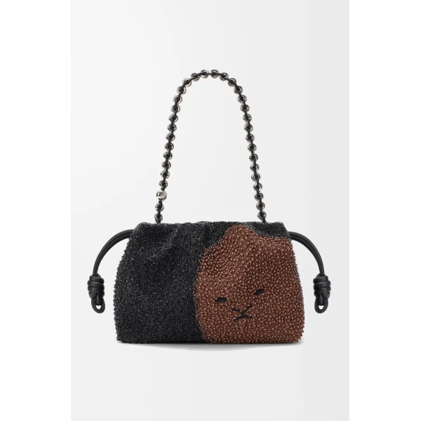 Loewe Medium Lion Beads Flamenco purse in beaded canvas and calfskin, Black/Pecan | Shoulder & Crossbody Bags | Coveti