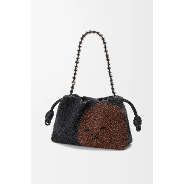 Loewe Medium Lion Beads Flamenco purse in beaded canvas and calfskin, Black/Pecan | Shoulder & Crossbody Bags | Coveti