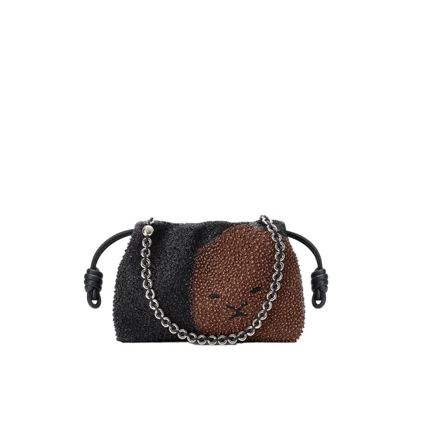 Loewe Medium Lion Beads Flamenco purse in beaded canvas and calfskin, Black/Pecan | Shoulder & Crossbody Bags | Coveti