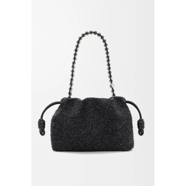 Loewe Medium Lion Beads Flamenco purse in beaded canvas and calfskin, Black/Pecan | Shoulder & Crossbody Bags | Coveti