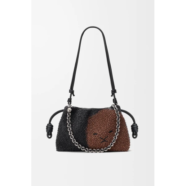 Loewe Medium Lion Beads Flamenco purse in beaded canvas and calfskin, Black/Pecan | Shoulder & Crossbody Bags | Coveti